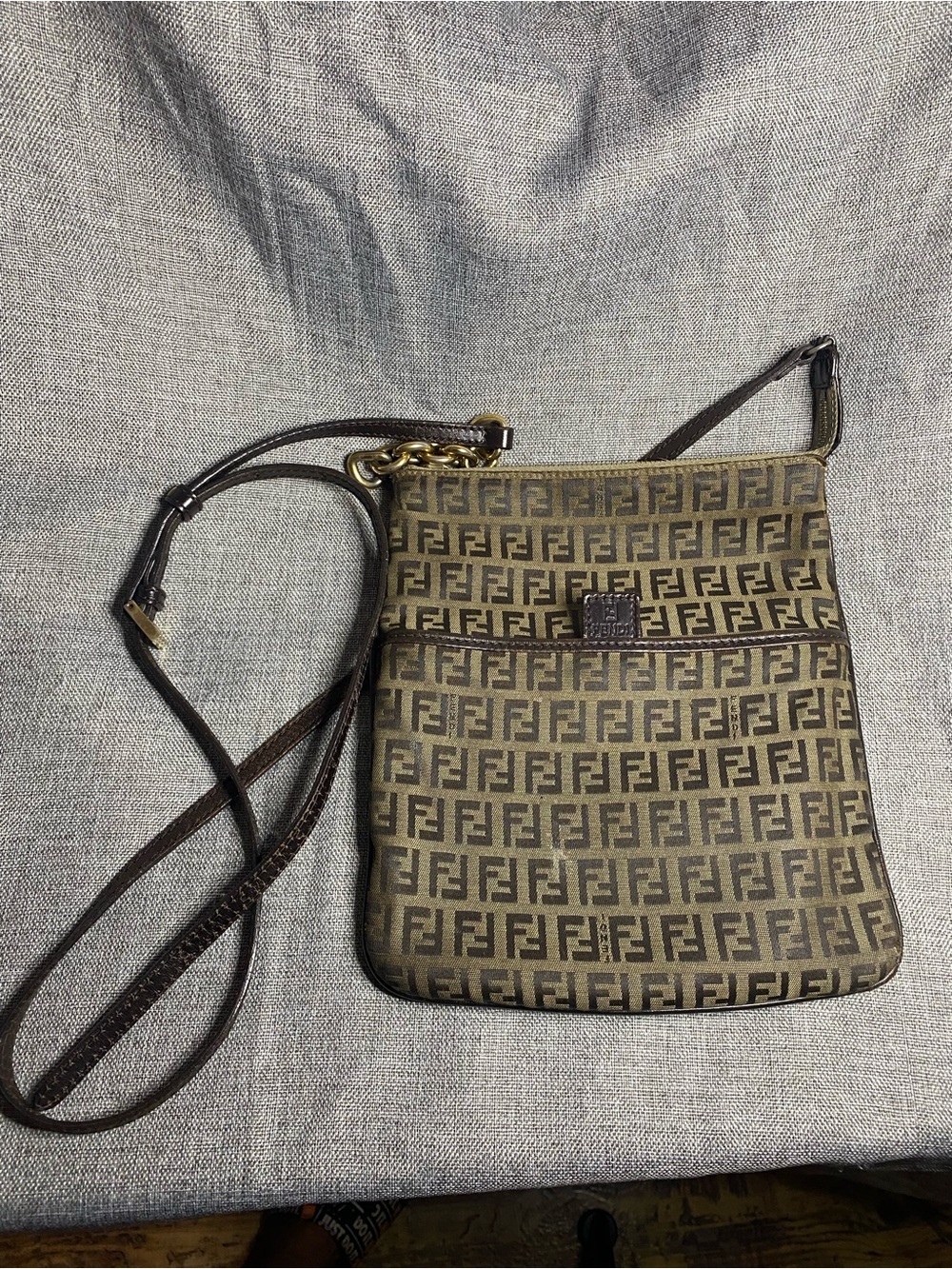 Fendi Brown Zucca Monogram Crossbody Bag with Leather Trim